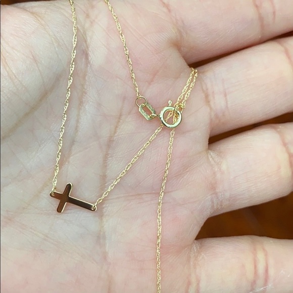 14K Solid Yellow Gold Mini Sideways Cross Necklace - Picture 4 of 7